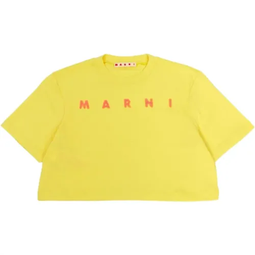 Gelbes Cropped Kinder T-Shirt mit Pailletten-Logo - Marni - Modalova