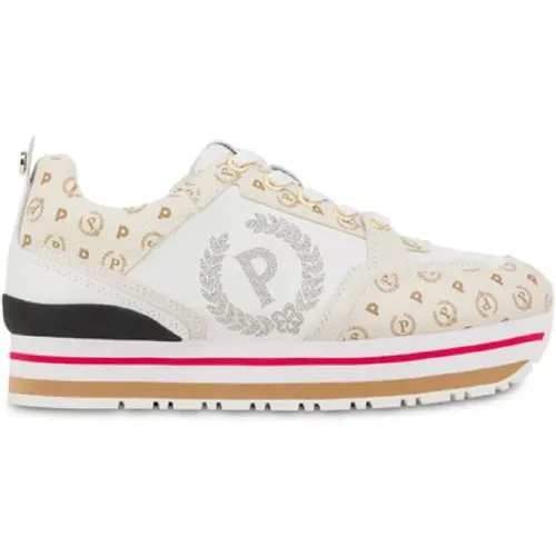 Weiße Kalbsleder-Sneakers mit Wildleder- und Elfenbein-PVC-Details - Größe 40 , Damen, Größe: 40 EU - Pollini - Modalova