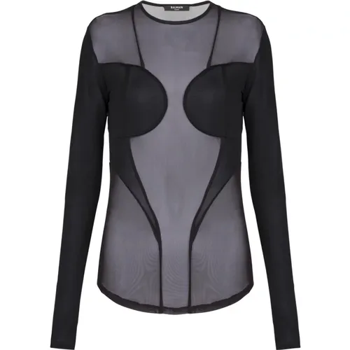 Long sleeve multi cut mix mesh top , female, Sizes: M, S - Balmain - Modalova