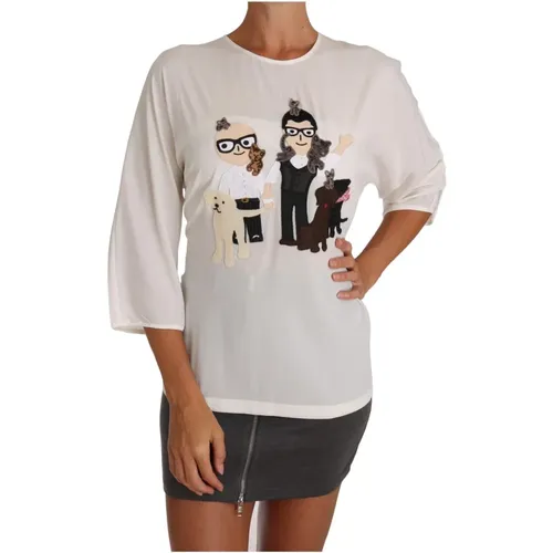 Weiße Silk dgfamily Bluse T-Shirt , Damen, Größe: L - Dolce & Gabbana - Modalova