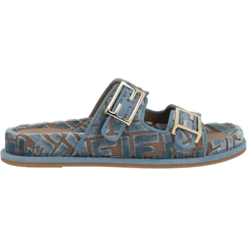 Blaue Jacquard Flache Sandalen - Fendi - Modalova