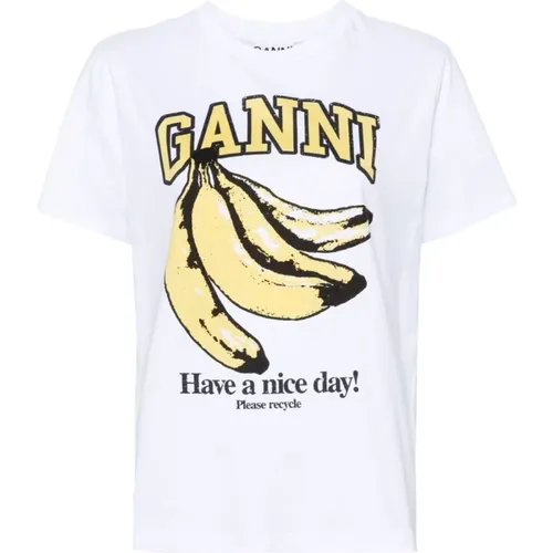 T-Shirt mit Grafischem Druck und Rundhalsausschnitt,Weißes Bedrucktes Vorderteil T-Shirt - Ganni - Modalova