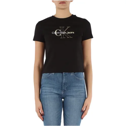 Gekürztes Baumwoll-T-Shirt mit Frontlogo-Druck , Damen, Größe: XS - Calvin Klein Jeans - Modalova