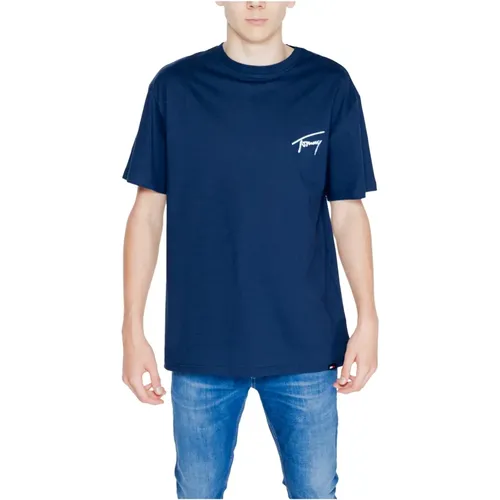 Blau Bedrucktes Kurzarm T-Shirt , Herren, Größe: M - Tommy Hilfiger - Modalova