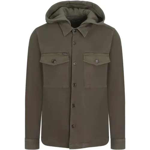 Cotton Hooded Overshirt in Olive , male, Sizes: M, 3XL - Tom Ford - Modalova