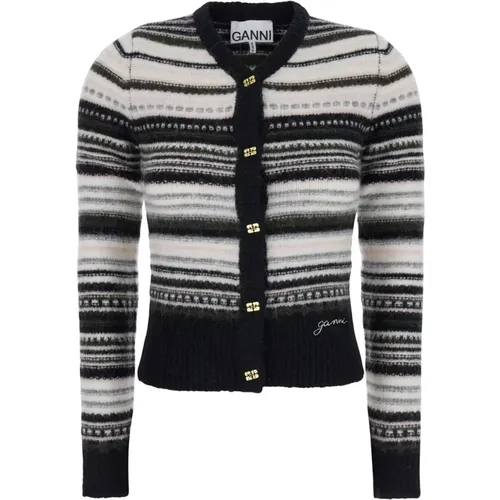 Black Wool Stripe Cardigan Sweater , female, Sizes: L, M - Ganni - Modalova