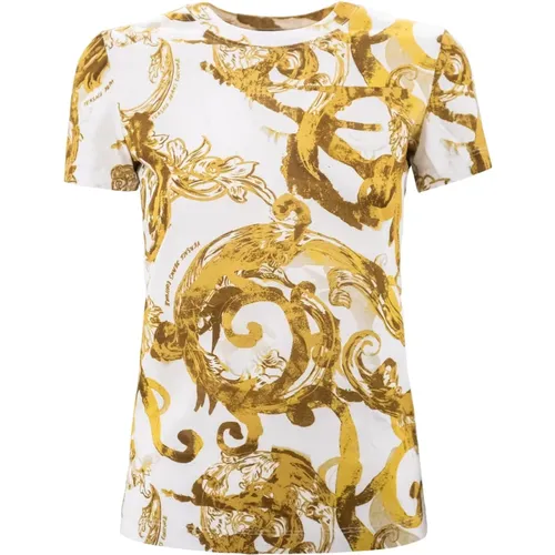 Gold-tone Couture Print Crew Neck T-shirt , female, Sizes: S, 2XS - Versace Jeans Couture - Modalova