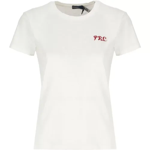 Weiße Baumwoll-T-Shirt mit Stickerei , Damen, Größe: L - Ralph Lauren - Modalova