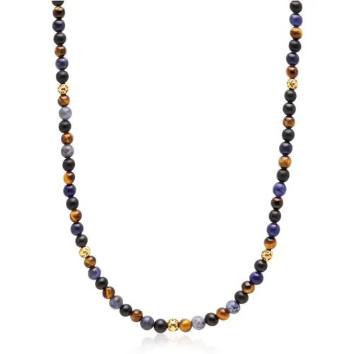 Beaded Necklace with Dumortierite, Brown Tiger Eye, and Gold , male, Sizes: ONE SIZE - Nialaya - Modalova