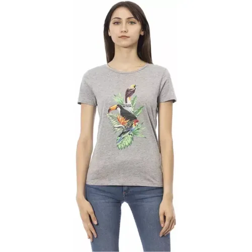 Graues T-Shirt mit kurzem Ärmel und Rundhalsausschnitt , Damen, Größe: XL - Trussardi - Modalova