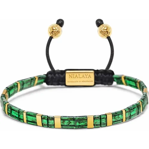 Men's Bracelet with Marbled Green and Gold Miyuki Tila Beads , Herren, Größe: L - Nialaya - Modalova