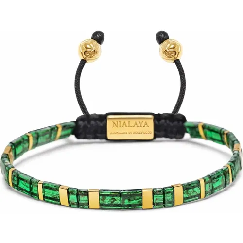 Men's Bracelet with Marbled Green and Gold Miyuki Tila Beads , male, Sizes: L, M - Nialaya - Modalova