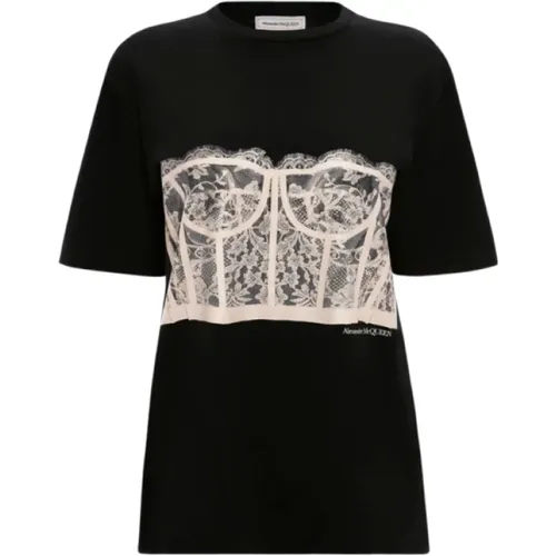 Schwarzes Spitzenkorsett-Print T-Shirt , Damen, Größe: S - alexander mcqueen - Modalova