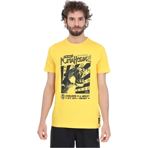 Gelbes T-Shirt mit Schwarzem Logo-Druck - Puma - Modalova