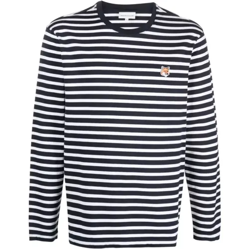 Navy Striped Fox Logo Long Sleeve T-Shirt , male, Sizes: M, L - Maison Kitsuné - Modalova