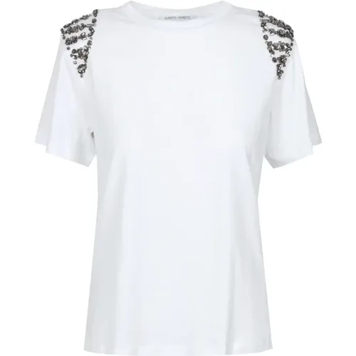 Weiße Baumwoll-T-Shirt mit Applikationen auf den Schultern - alberta ferretti - Modalova