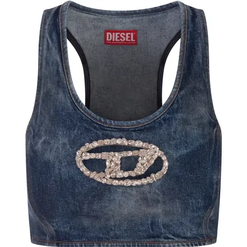 Denim Sleeveless Top with Crystal Logo , female, Sizes: M - Diesel - Modalova