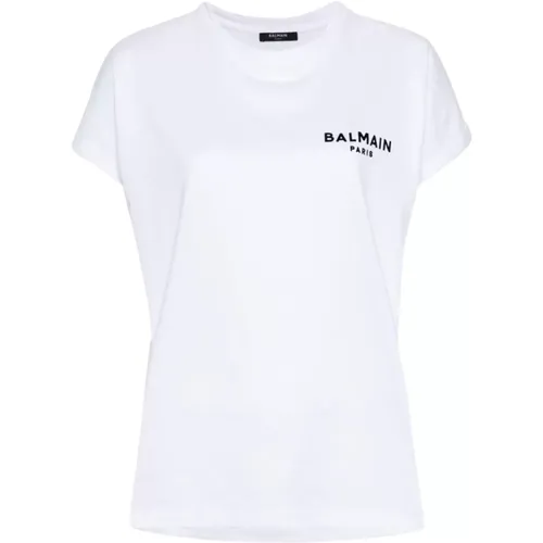 Weiße Baumwoll-Jersey-Rundhals-T-Shirt , Damen, Größe: XL - Balmain - Modalova