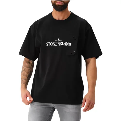 Schwarzes Logo-Taschen-T-Shirt mit stilvollem Twist , Herren, Größe: M - Stone Island - Modalova