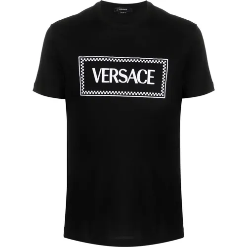 Schwarzes Jersey Baumwoll T-Shirt mit Logo Stickerei , Herren, Größe: XL - Versace - Modalova