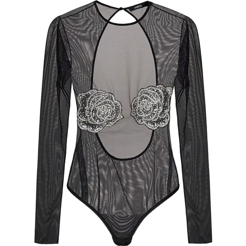 Tulle Bodysuit with Jeweled Flowers , female, Sizes: S, XS - Amen - Modalova