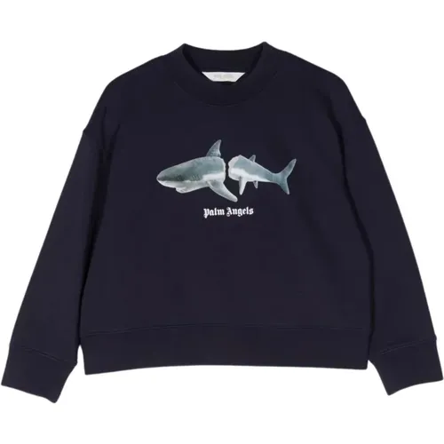 Blaue Cropped Sweater mit Haifischdruck - Palm Angels - Modalova