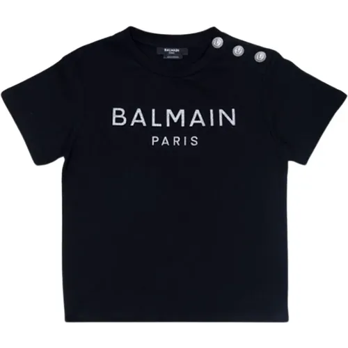 Kurzarm Baumwoll T-Shirt mit Logo Patch - Balmain - Modalova