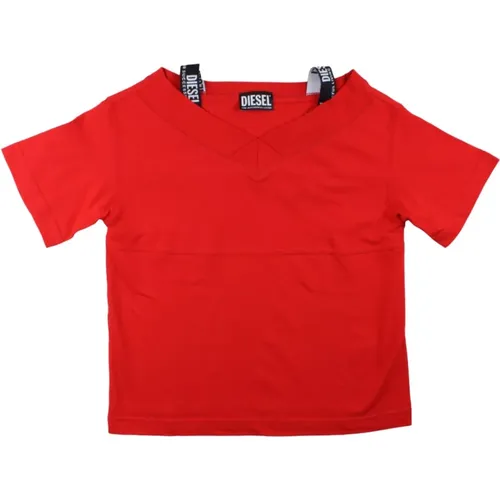 Rotes Kinder-T-Shirt mit V-Ausschnitt und Logo-Trägern - Diesel - Modalova