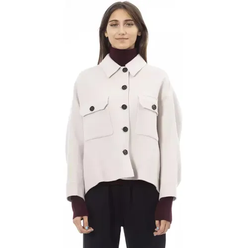 Weiße Wollhemdjacke mit Knopfverschluss , Damen, Größe: M - Alpha Studio - Modalova