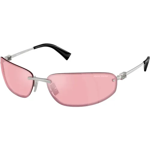 Silver Mirrored Sunglasses Wraparound Style , female, Sizes: 68 MM - Miu Miu - Modalova