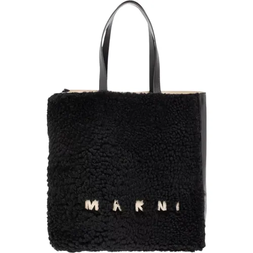 Schwarze Lederhandtasche mit Pelzbesatz und Logo-Stickerei - Marni - Modalova