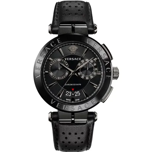 Chronograph Leder Schwarz Stahl Uhr - Versace - Modalova