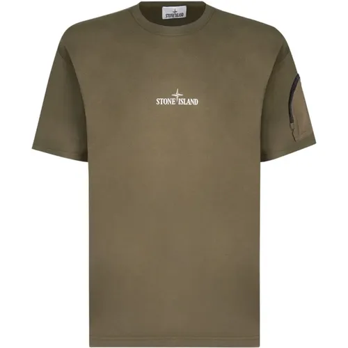 Zip Pocket Cotton T-Shirt in Khaki , male, Sizes: L, M, 2XL, S, XL - Stone Island - Modalova