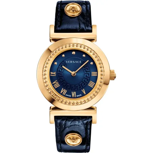 Blue Leather Strap Quartz Watch , female, Sizes: ONE SIZE - Versace - Modalova
