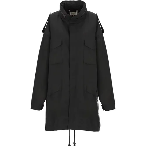 Schwarzer Mantel mit Reißverschlusskragen und Vier Taschen - Maison Margiela - Modalova