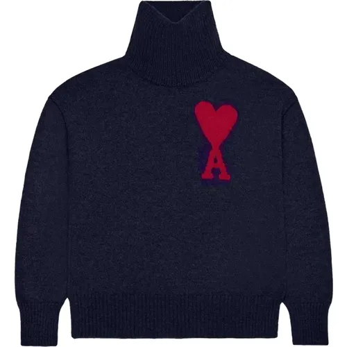 Marineblauer Stricklogo-Pullover , Herren, Größe: XL - Ami Paris - Modalova