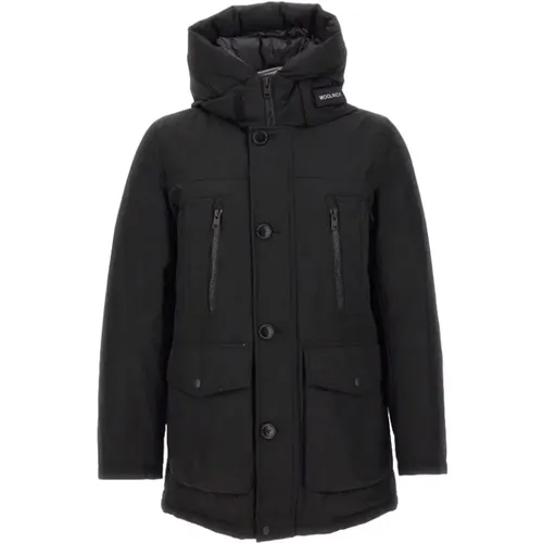 Coats with Hood and Logo Patch , male, Sizes: M, S - Woolrich - Modalova