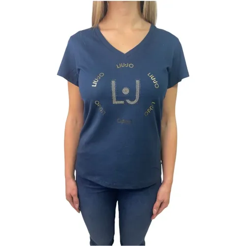 Schwarzes Baumwoll-Stretch V-Ausschnitt T-Shirt , Damen, Größe: M - Liu Jo - Modalova