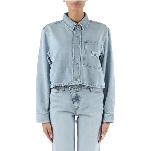 Denim shirt jacket with logo patch , female, Sizes: L, XS, M, S - Calvin Klein Jeans - Modalova