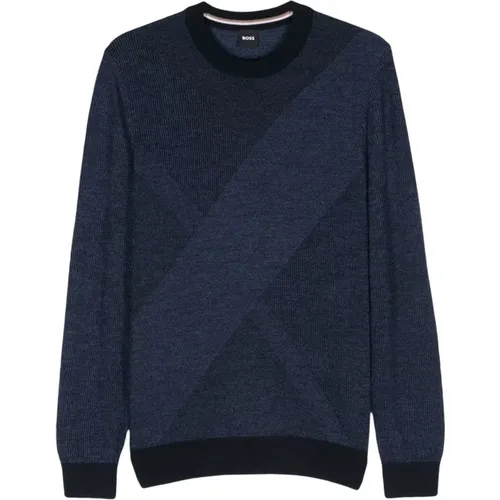 Blauer Jacquard Wollpullover , Herren, Größe: XL - Boss - Modalova