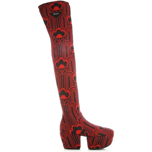 Jaquard Embroidered Over-knee Boots , female, Sizes: 4 UK, 3 UK, 4 1/2 UK, 3 1/2 UK - Prada - Modalova