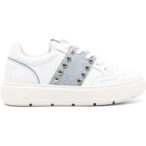 Band Sneakers - Weiß/Blauer Himmel - Nieten , Damen, Größe: 36 EU - Love Moschino - Modalova