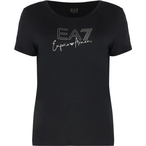 Logo Print Viskose Rundhals T-Shirt , Damen, Größe: 2XS - Emporio Armani EA7 - Modalova