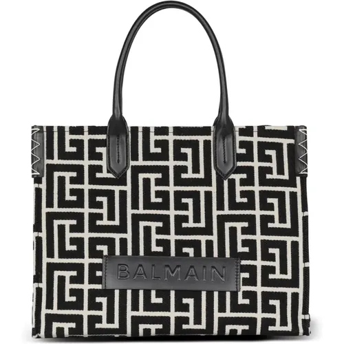 B-Army 42 Monogramm Jacquard und Leder Tote Tasche - Balmain - Modalova