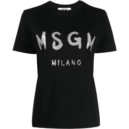 Schwarzes T-Shirt mit Frontdruck - MSGM - Modalova