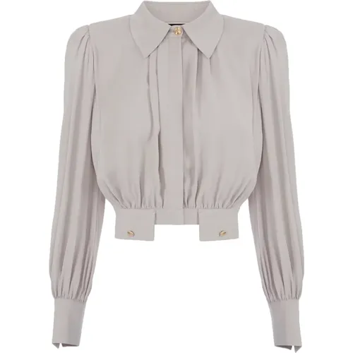Grey Long-Sleeved Cropped Shirt with Gathered Neckline , female, Sizes: L - Elisabetta Franchi - Modalova