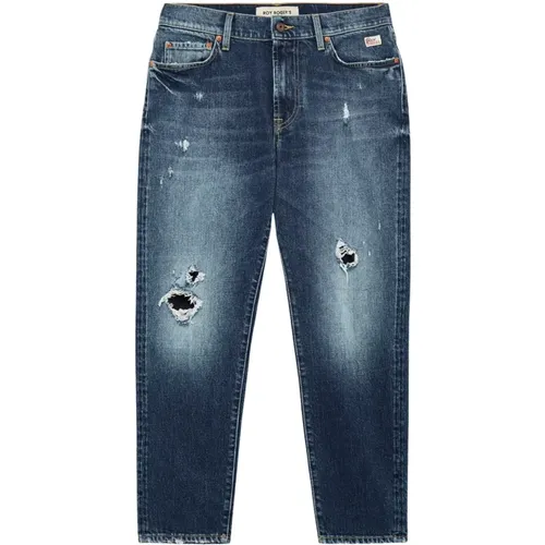 Jeans in mittelgewaschenem Denim mit distressed Details und Karotten-Schnitt - Roy Roger's - Modalova