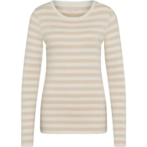 Gestreiftes Rundhals T-Shirt Beige - Juvia - Modalova