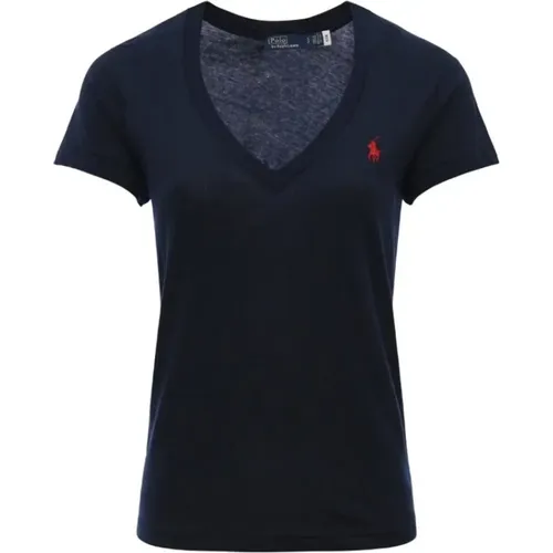 Marineblaues V-Ausschnitt T-Shirt , Damen, Größe: L - Ralph Lauren - Modalova