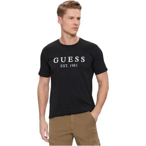 Stretch-Baumwoll-T-Shirt - Schwarz Rundhalsausschnitt Kurzarm , Herren, Größe: M - Guess - Modalova